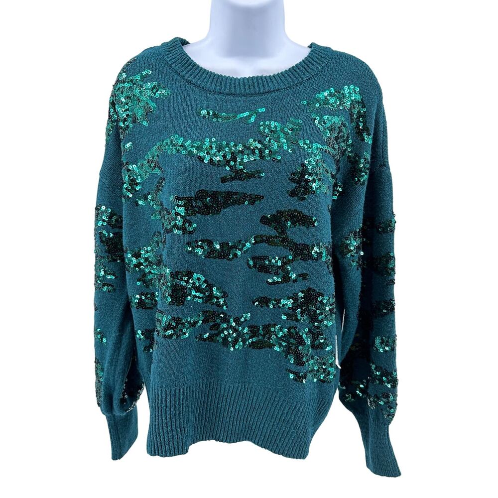 Nine West Sweater Green Womens M Ribbed Knit Sequins Balloon Sleeve Crew Neck